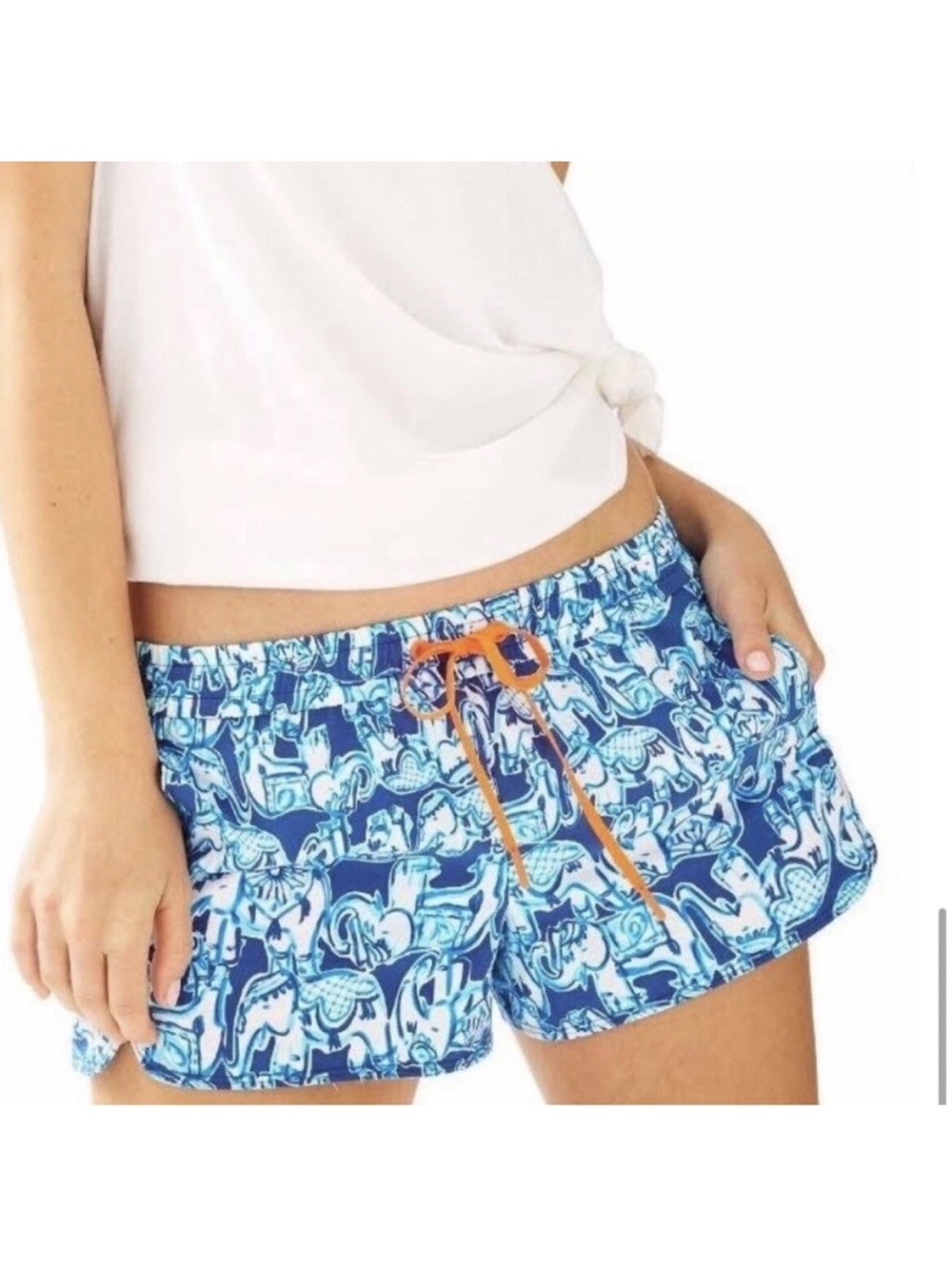 Lilly Pulitzer Blue Elephant Print Athletic Shorts with Orange Drawstring XL